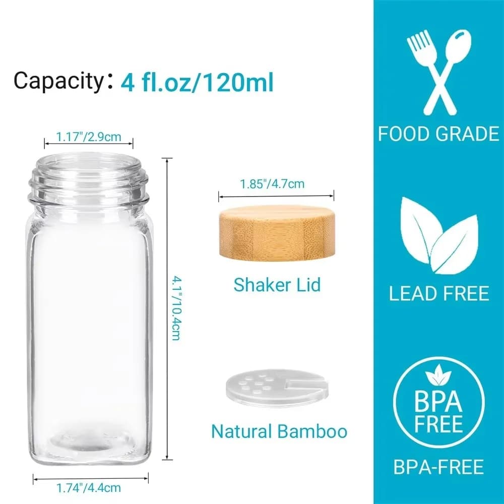 6/12/24pcs Glass Spice Jars with Bamboo Lids Or Metal Lids Include Minimalist Spice Labels Stickers Collapsible Funnel Jar Set