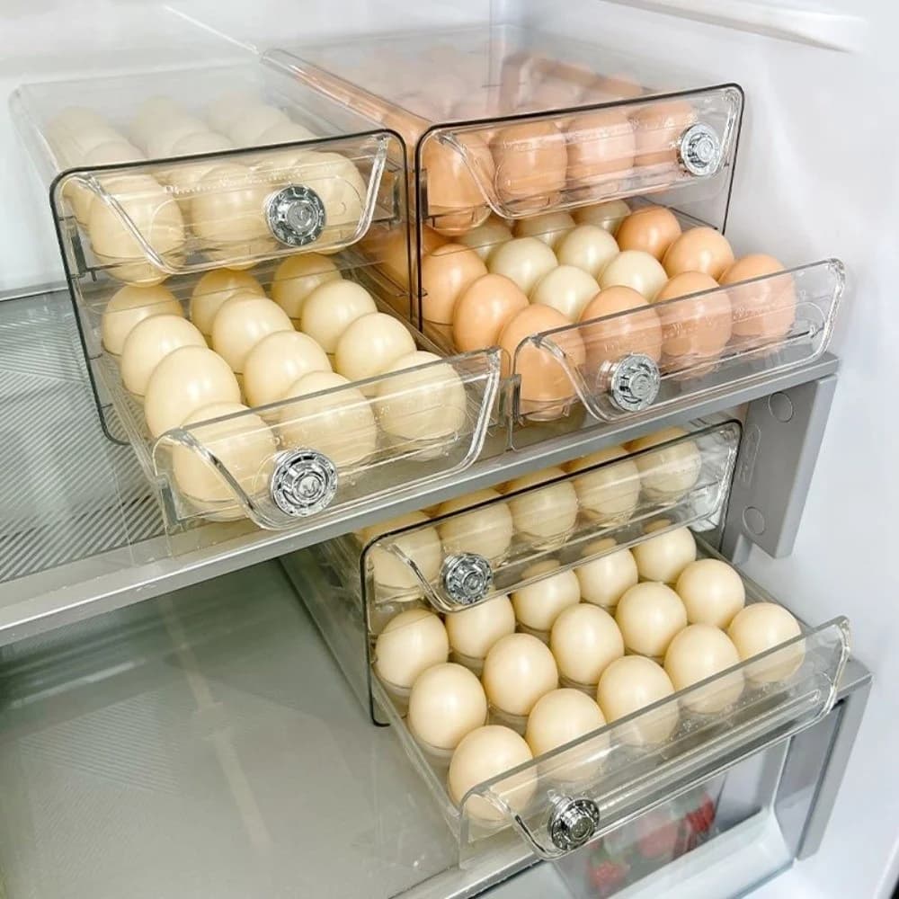 Transparent Egg Storage Box Double Layer Clear Plastic Egg Holder Time Scale Large Capacity Egg Storage Rack Drawer Organizer