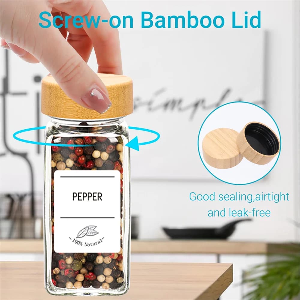 6/12/24pcs Glass Spice Jars with Bamboo Lids Or Metal Lids Include Minimalist Spice Labels Stickers Collapsible Funnel Jar Set